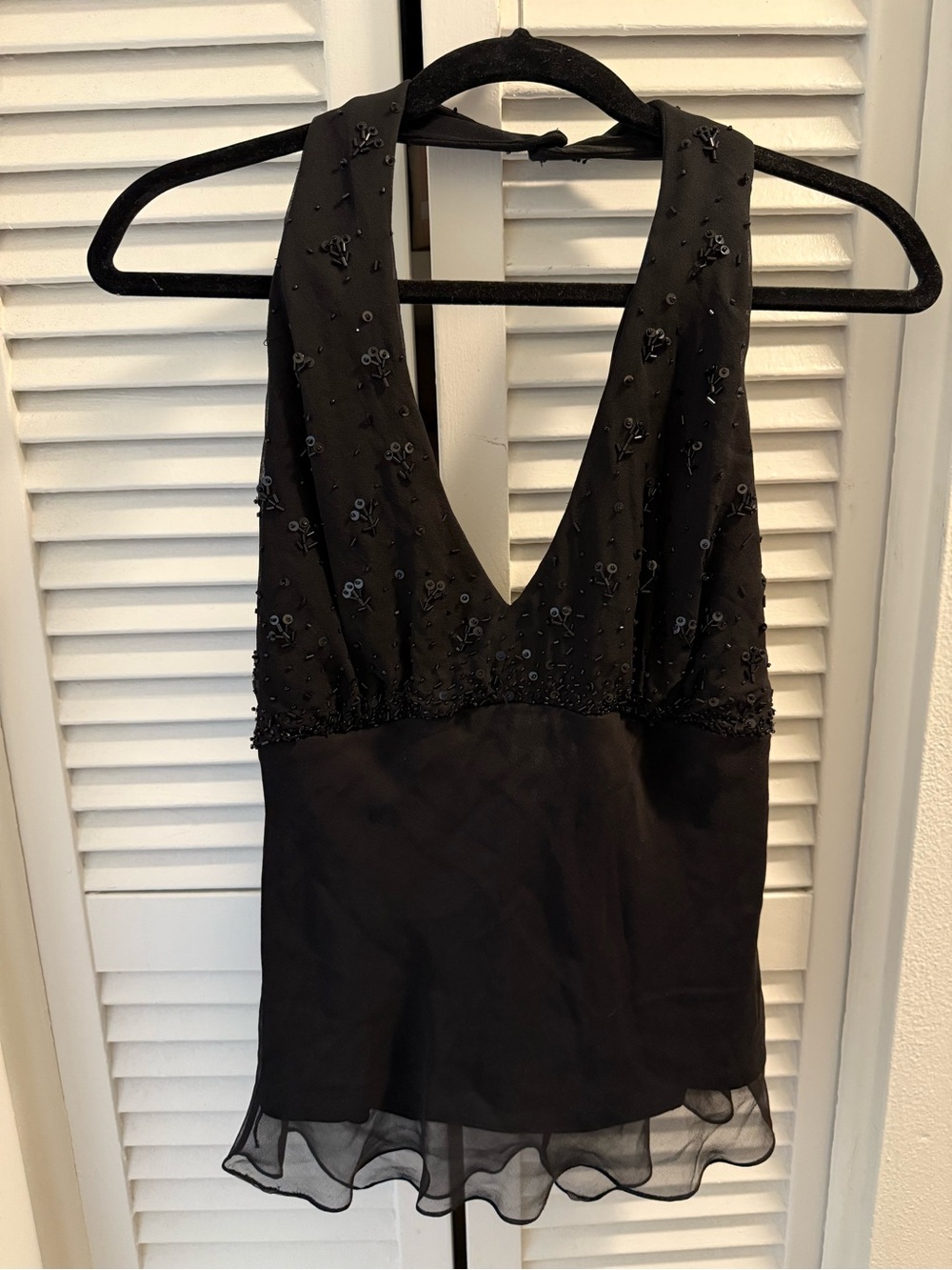 Cache Black Beaded V-Neck Halter Top